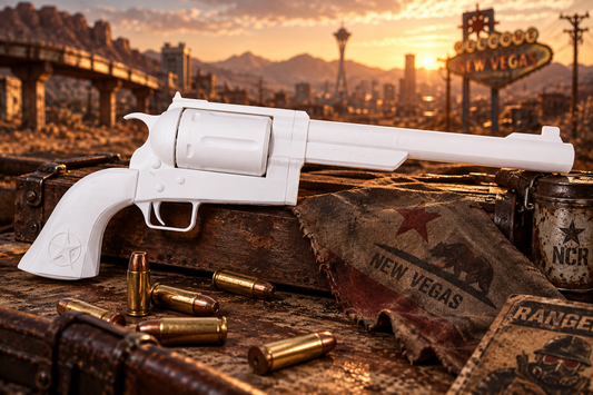 Fallout New Vegas Ranger Revolver Cosplay-Replik aus weißem PLA vor postapokalyptischer Mojave-Kulisse