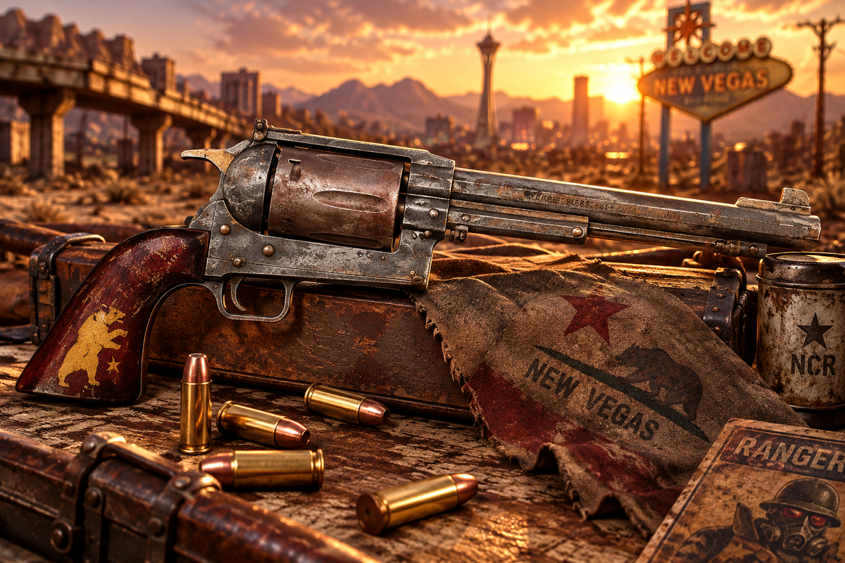 Handbemalter Fallout New Vegas Ranger Revolver als Cosplay-Replik vor postapokalyptischer Mojave-Kulisse