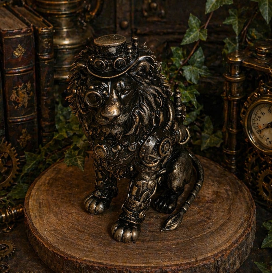 „Steampunk Löwen Figur aus Kunstharz, 3D gedruckt und handbemalt, mit Zahnrädern, Metallstrukturen, viktorianischem Hut und mechanischen Details, auf dekorativer Basis in mystischem, gothic-inspiriertem Ambiente.“