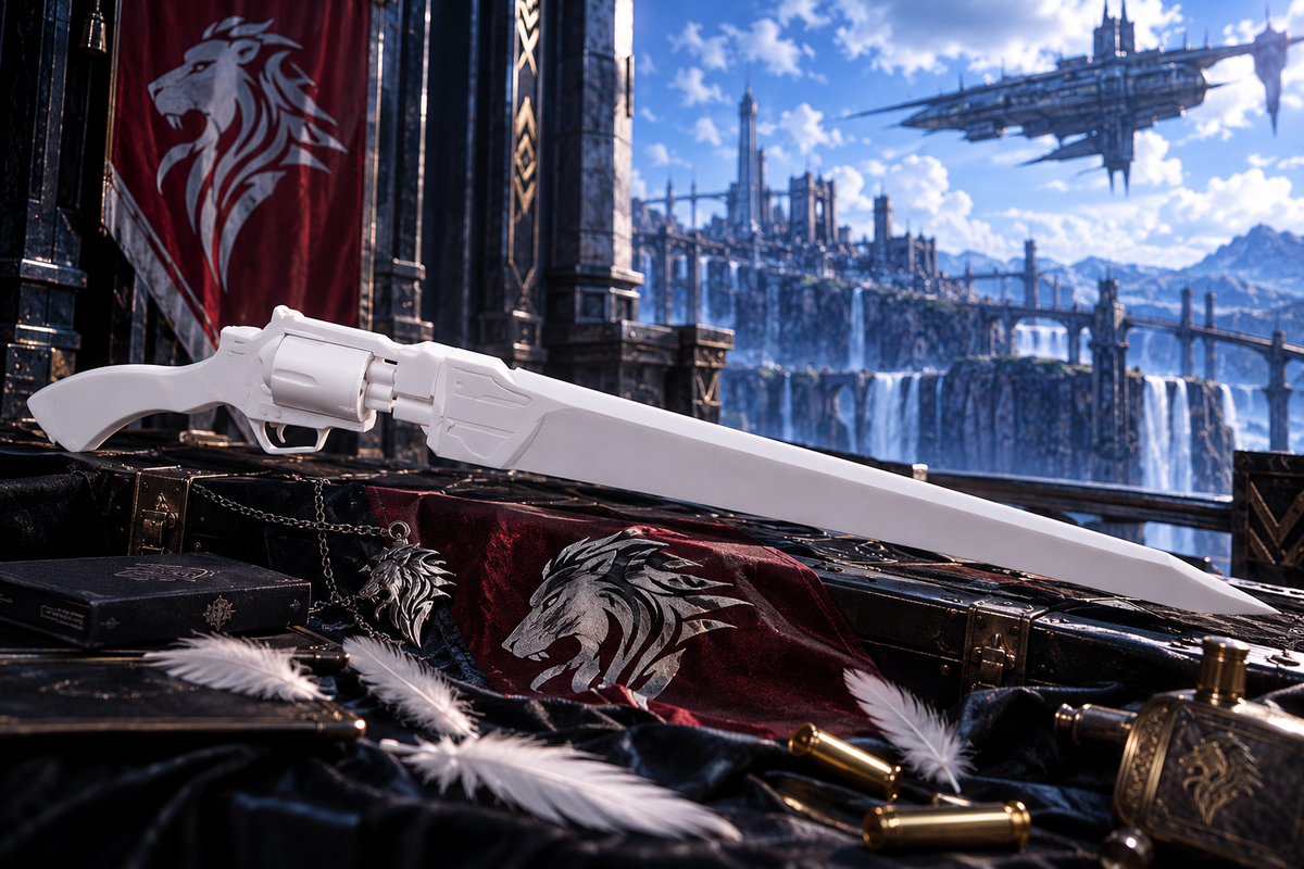 Final Fantasy Gunblade Cosplay-Replik aus weißem PLA vor futuristischer Fantasy-Kulisse