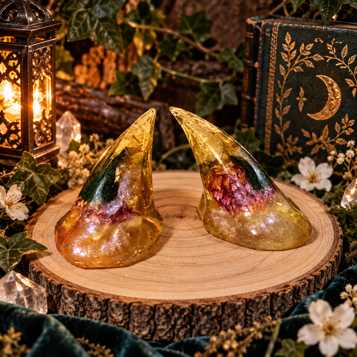 Florayne florale Fantasy-Hörner aus Resin vor mystischer Wald- und Blumen-Kulisse