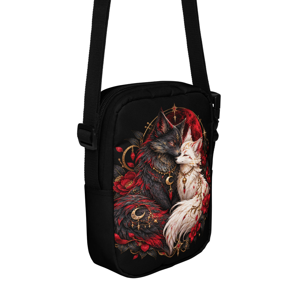 Schwarze Fuchsseelen im Blutmond Crossbody Bag – Rückansicht