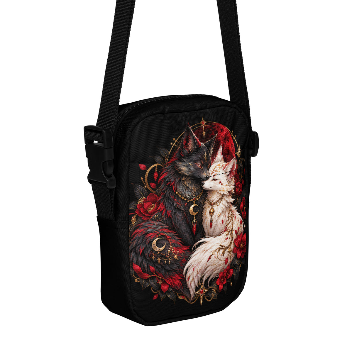 Schwarze Fuchsseelen im Blutmond Crossbody Bag – Vorderansicht