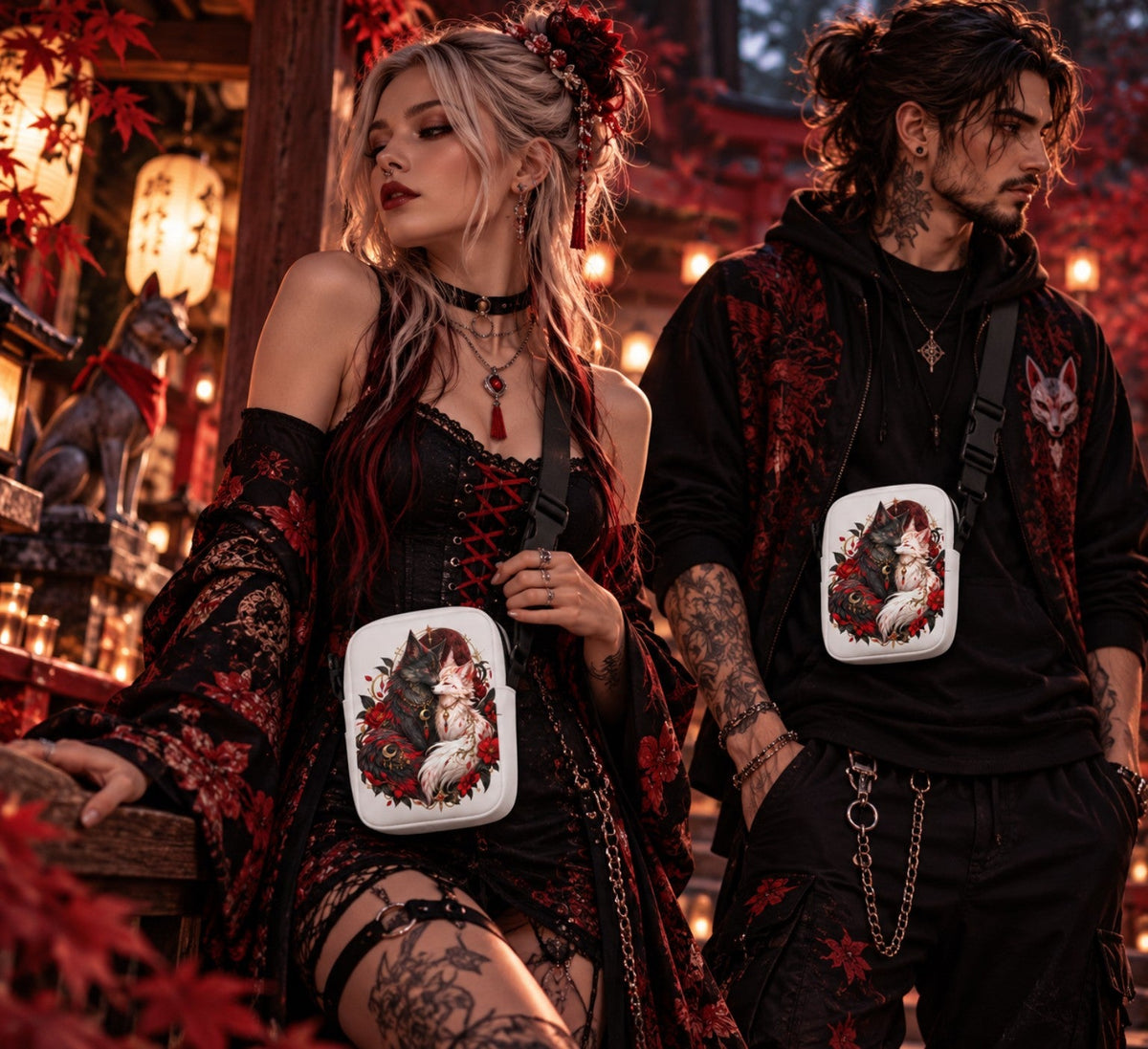 Weiße Fuchsseelen im Blutmond Crossbody Bag – Tragebild