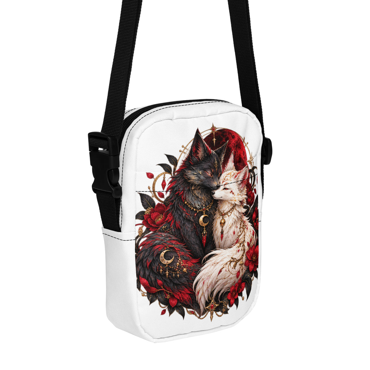 Weiße Fuchsseelen im Blutmond Crossbody Bag – Vorderansicht