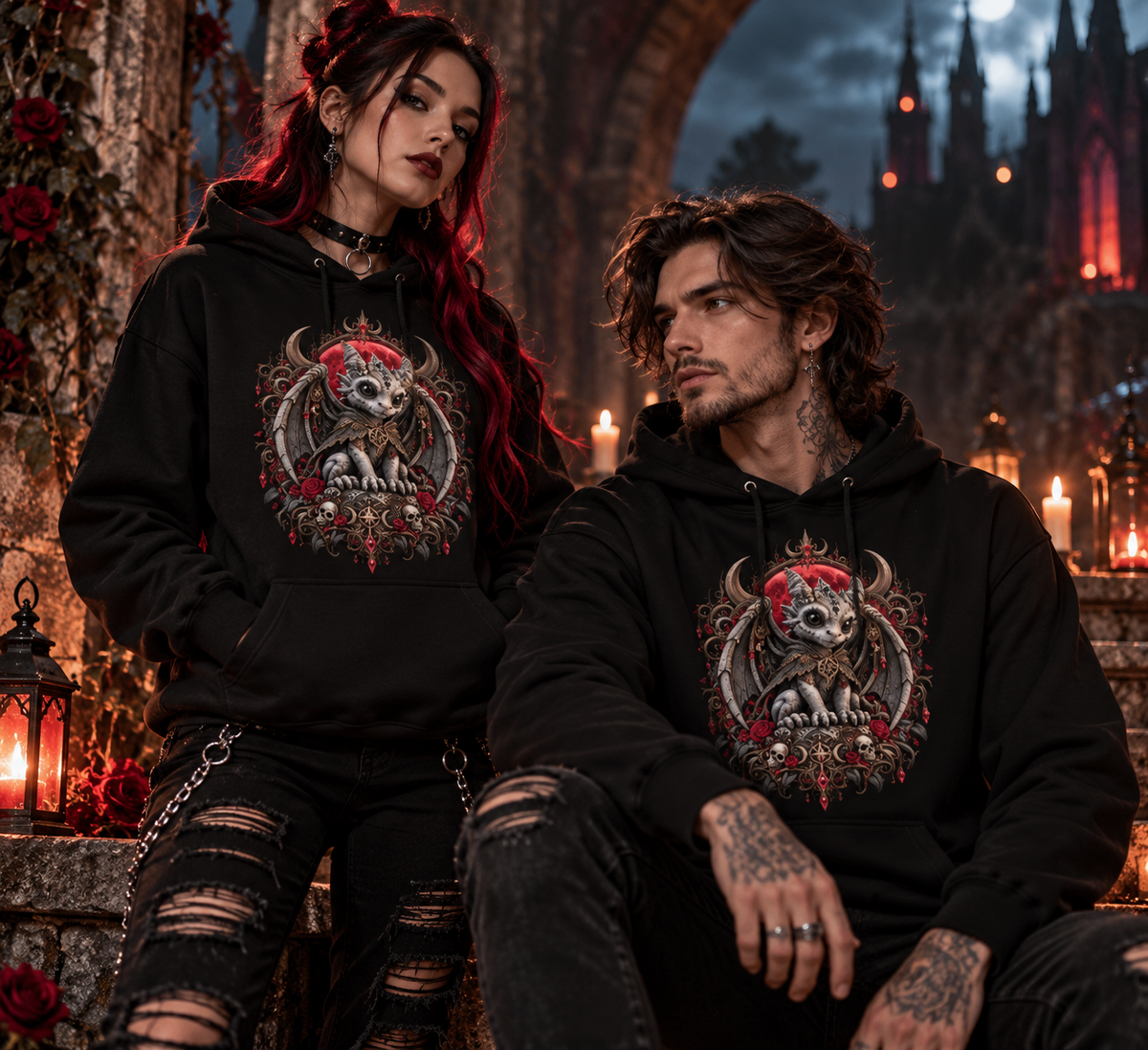 Gargoyle Gothic Hoodie – Tragebild mit Mann und Frau