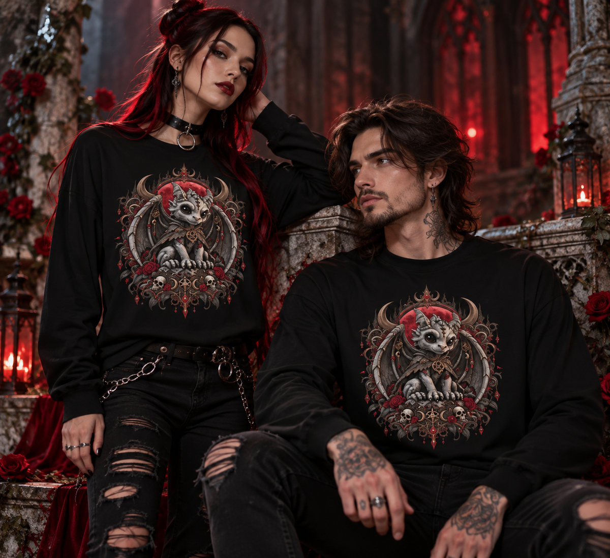 Gargoyle Gothic Long Sleeve – Tragebild mit Mann und Frau