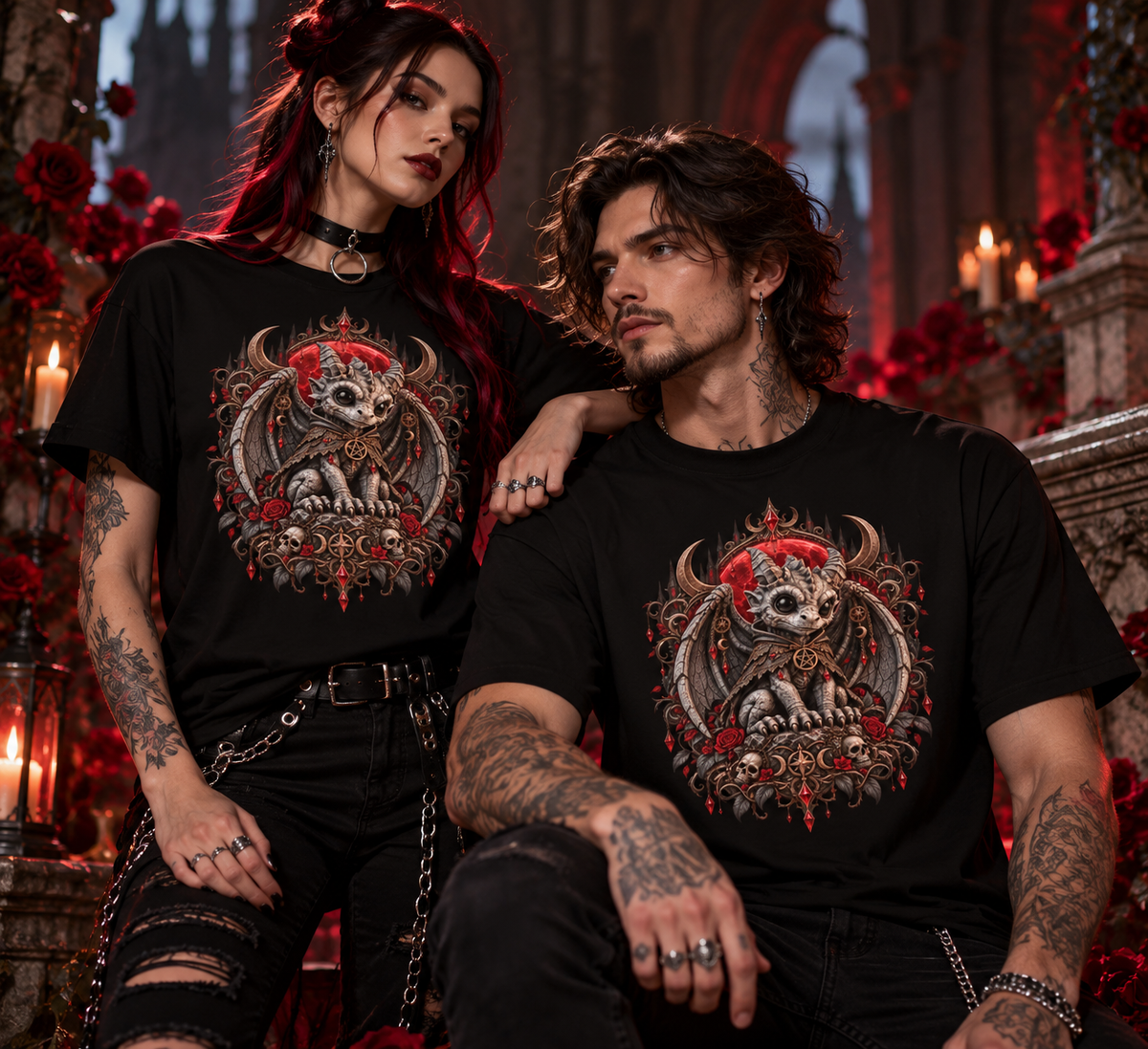 Gargoyle Gothic T-Shirt – Tragebild mit Mann und Frau