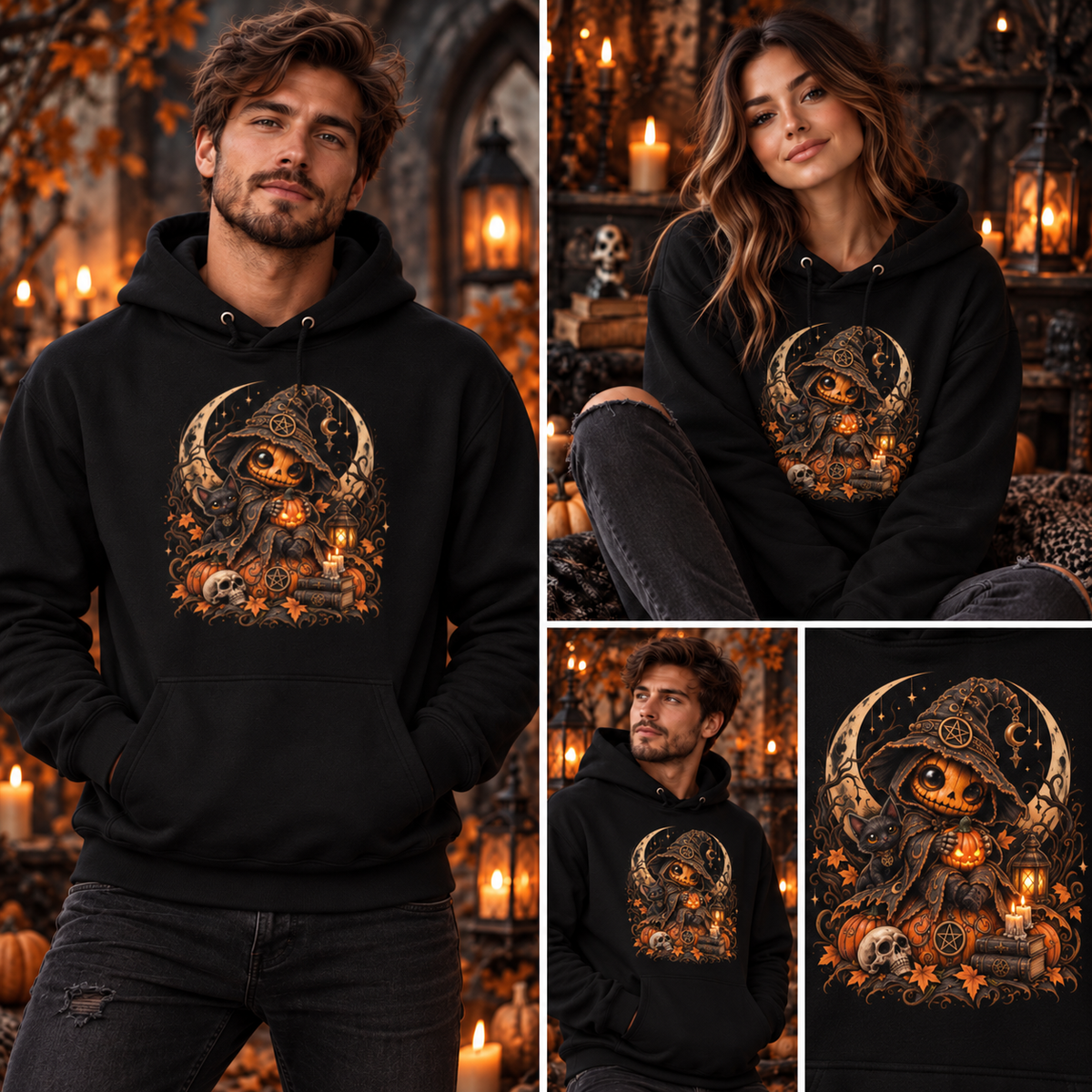 Kürbishexe Halloween Hoodie – Tragebild mit Mann und Frau