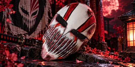 Ichigo Hollow Maske handbemalt vor düsterer rot-schwarzer Bleach-inspirierter Horror-Kulisse