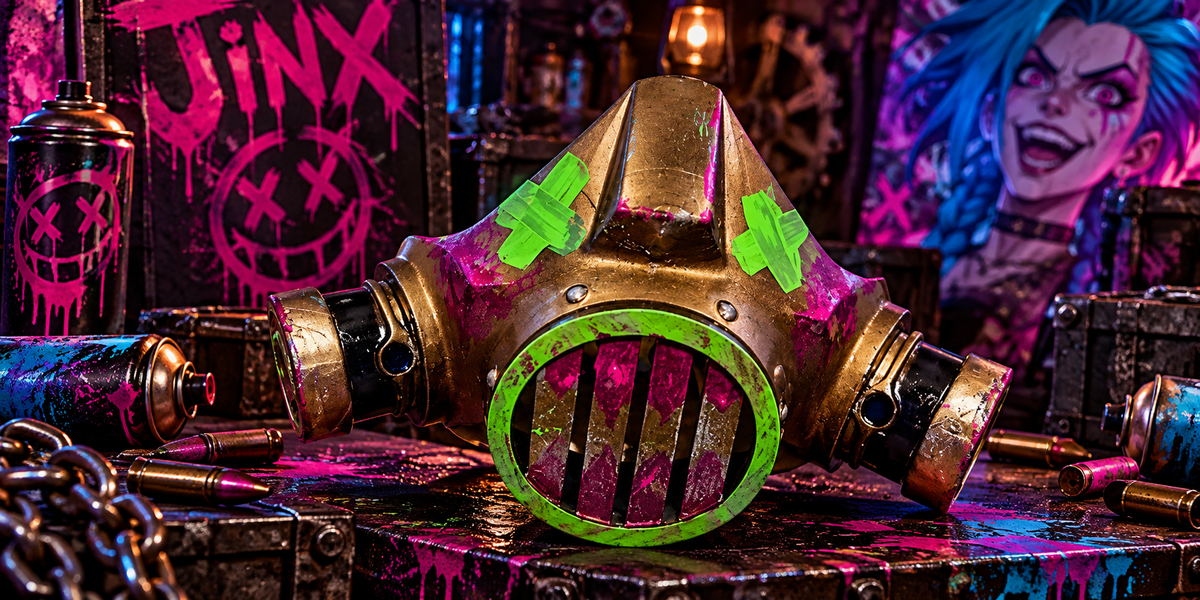 Handbemalte Jinx Gasmaske aus PLA vor pink-blauer Graffiti-Werkstattkulisse