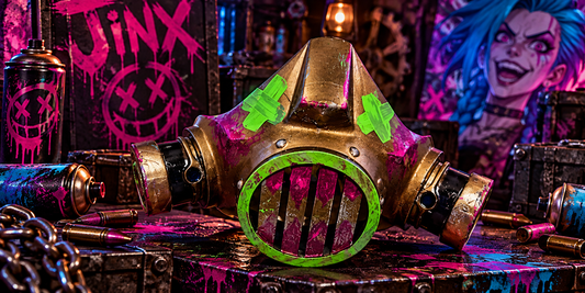 Handbemalte Jinx Gasmaske aus PLA vor pink-blauer Graffiti-Werkstattkulisse