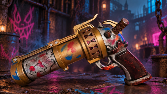 Jinx Zap Gun – handbemalte Arcane Cosplay-Replik aus PLA vor neonbeleuchtetem Zaun-Hintergrund