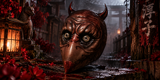 Junko Maske handbemalt aus PLA vor düsterer japanischer Silent-Hill-F-Horror-Kulisse