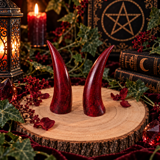 Kaelor rote Fantasy-Hörner aus Resin vor dunkler mystischer Fantasy-Kulisse