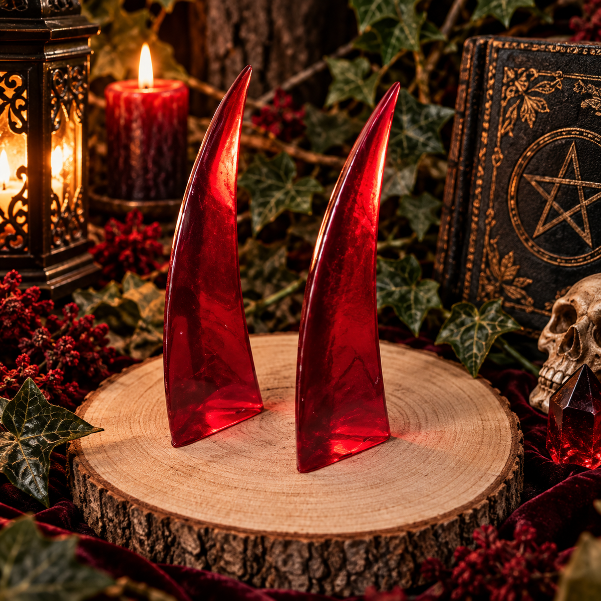 Kagaro rote Oni-Hörner aus Resin vor dunkler mystischer Fantasy-Kulisse