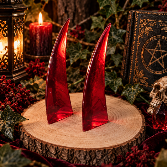 Kagaro rote Oni-Hörner aus Resin vor dunkler mystischer Fantasy-Kulisse