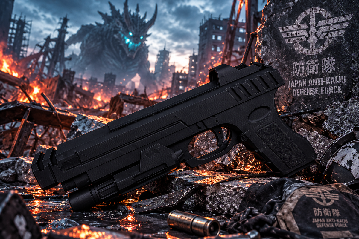 Kaiju No. 8 Defense Force Gun Cosplay-Replik in Schwarz vor zerstörter Sci-Fi-Stadtkulisse
