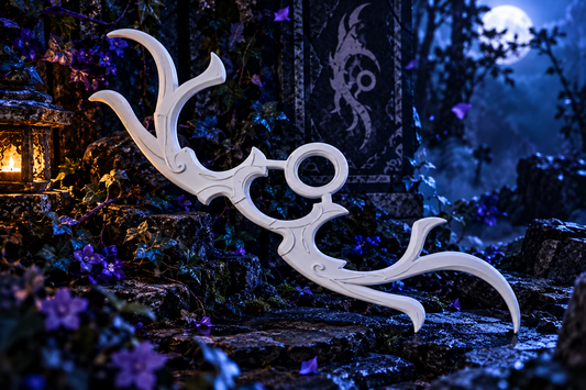 League of Legends Kindred Cosplay Bogen aus PLA in mystischer dunkler Waldkulisse ohne Holzpodest