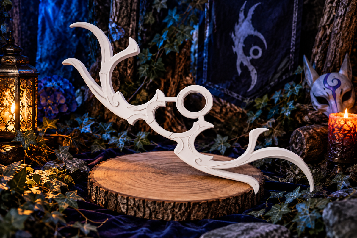 League of Legends Kindred Cosplay Bogen aus PLA vor mystischer dunkler Waldkulisse
