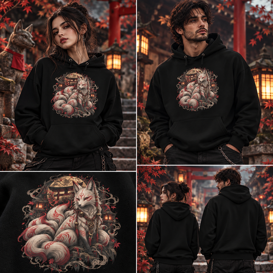 Kitsune-Fuchs Hoodie Schwarz – Tragebild mit Mann und Frau