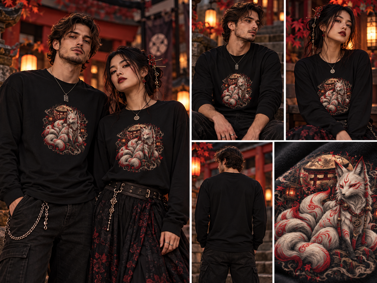 Kitsune-Fuchs Longsleeve – Tragebild mit Mann und Frau