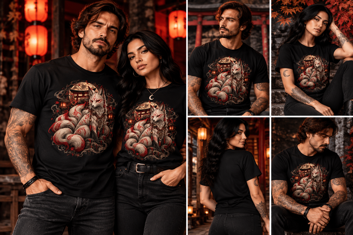 Kitsune-Fuchs T-Shirt – Tragebilder mit Mann und Frau