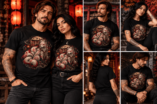 Kitsune-Fuchs T-Shirt – Tragebilder mit Mann und Frau