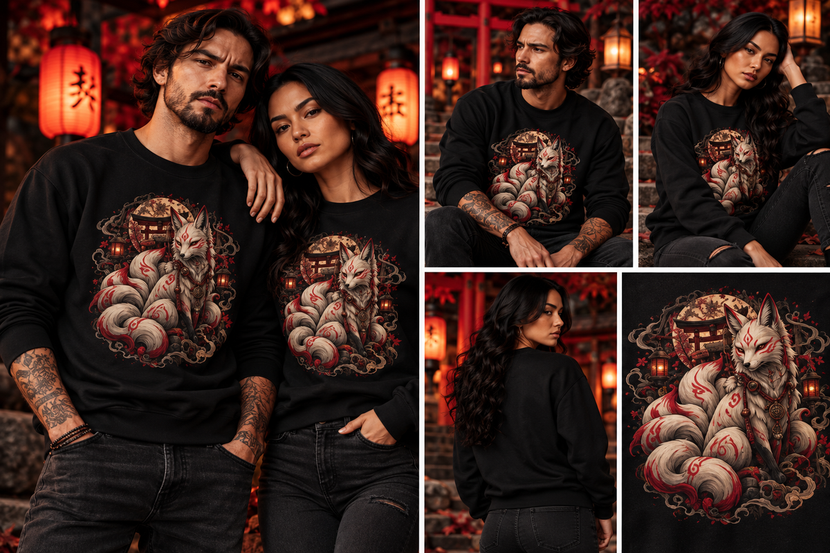 Kitsune-Fuchs Sweatshirt Schwarz – Mann und Frau mit Vorder- und Rückansicht