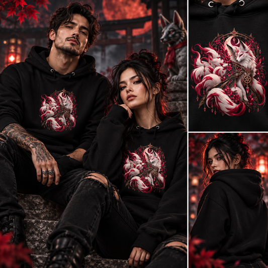 Kitsune im Mondschein Hoodie Schwarz – Tragebilder mit Mann und Frau