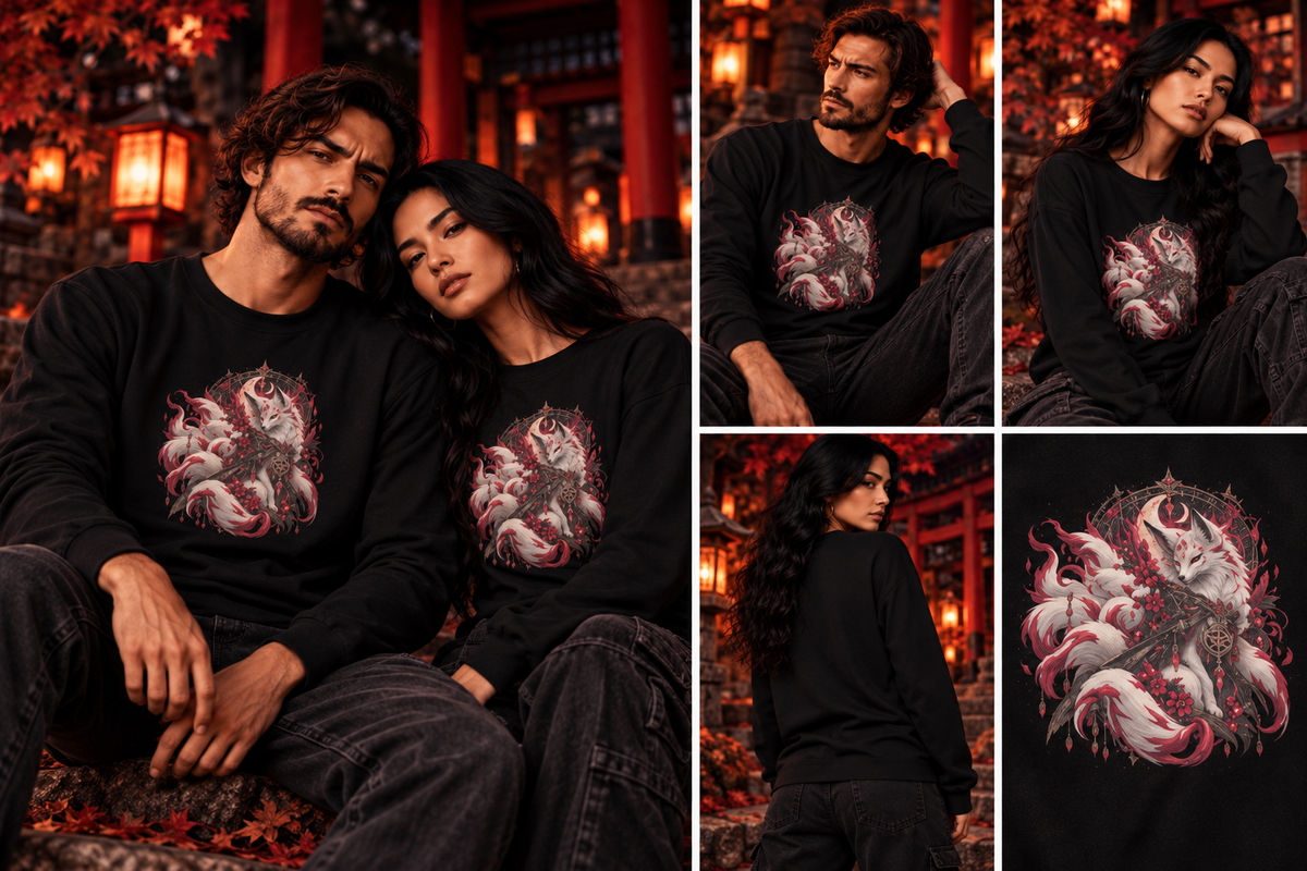 Kitsune im Mondschein Longsleeve – Tragebild Mann und Frau, 1536 × 1024 Pixel