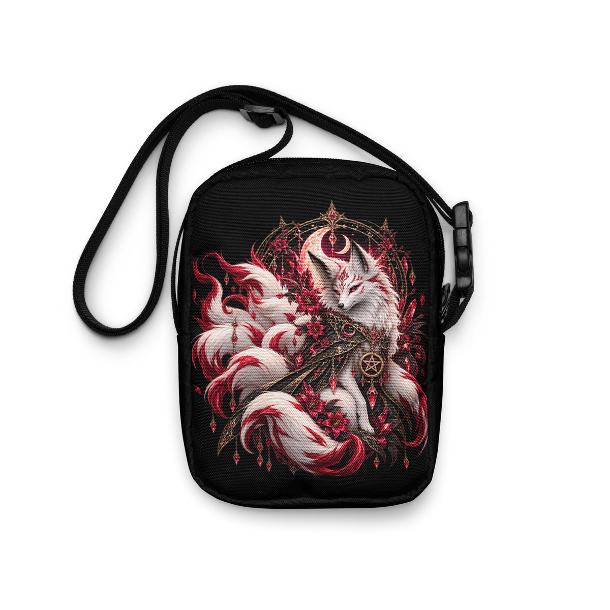 Schwarze Kitsune im Mondschein Crossbody Bag – Rückansicht