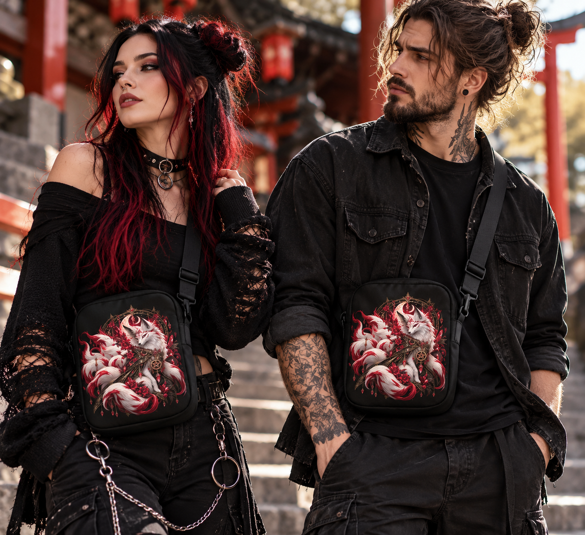 Schwarze Kitsune im Mondschein Crossbody Bag – Tragebild mit Frau und Mann