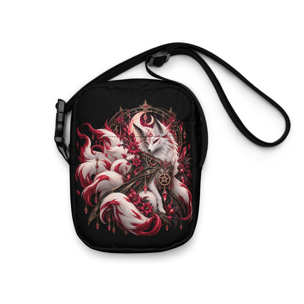 Schwarze Kitsune im Mondschein Crossbody Bag – Vorderansicht