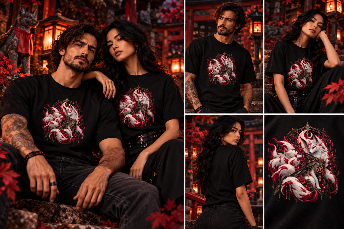 Kitsune im Mondschein T-Shirt – Tragebild Mann und Frau im Querformat