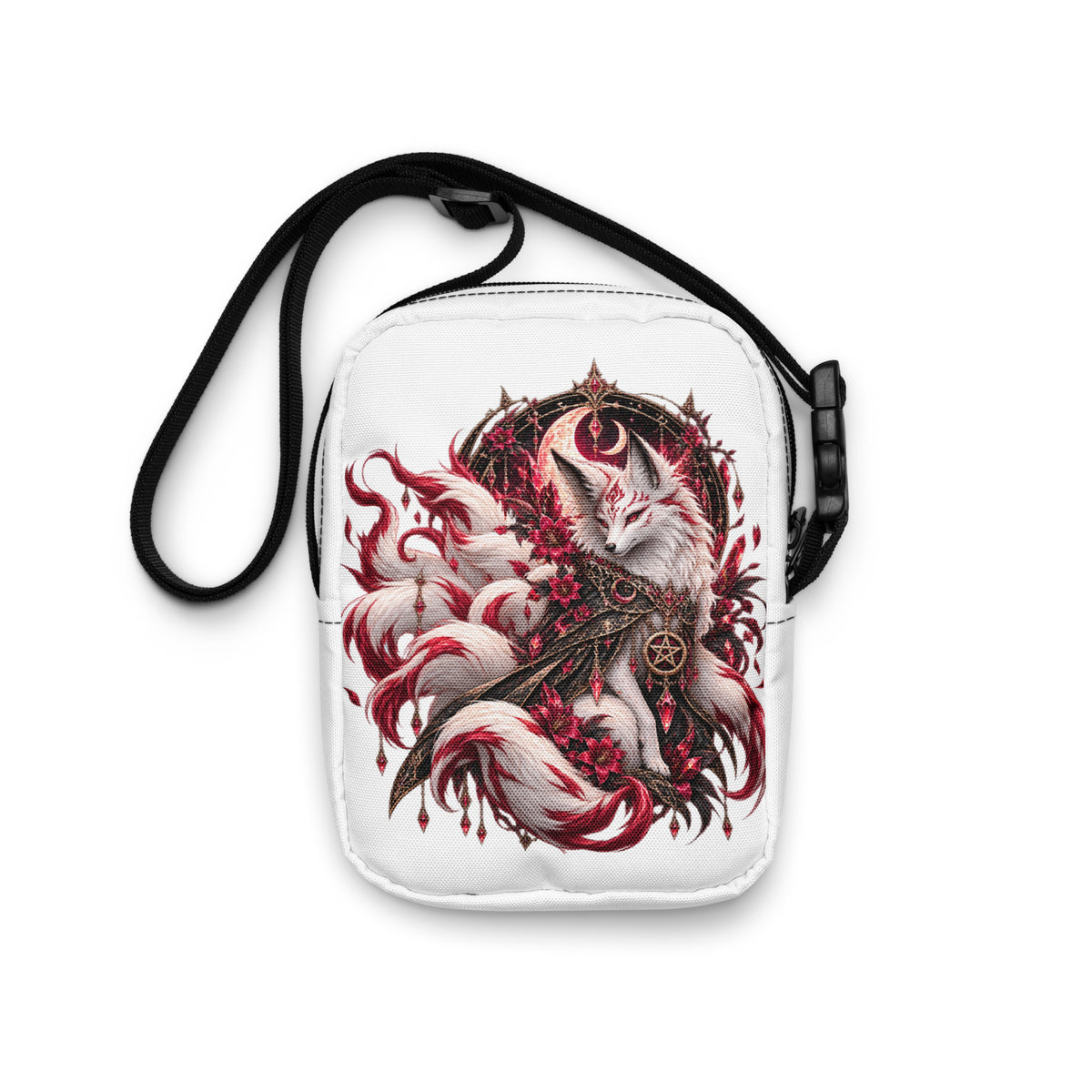 Weiße Kitsune im Mondschein Crossbody Bag – Rückansicht
