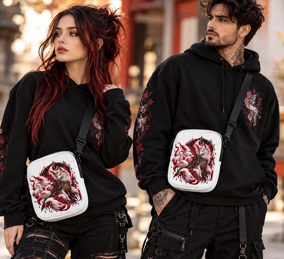 Weiße Kitsune im Mondschein Crossbody Bag – Tragebild
