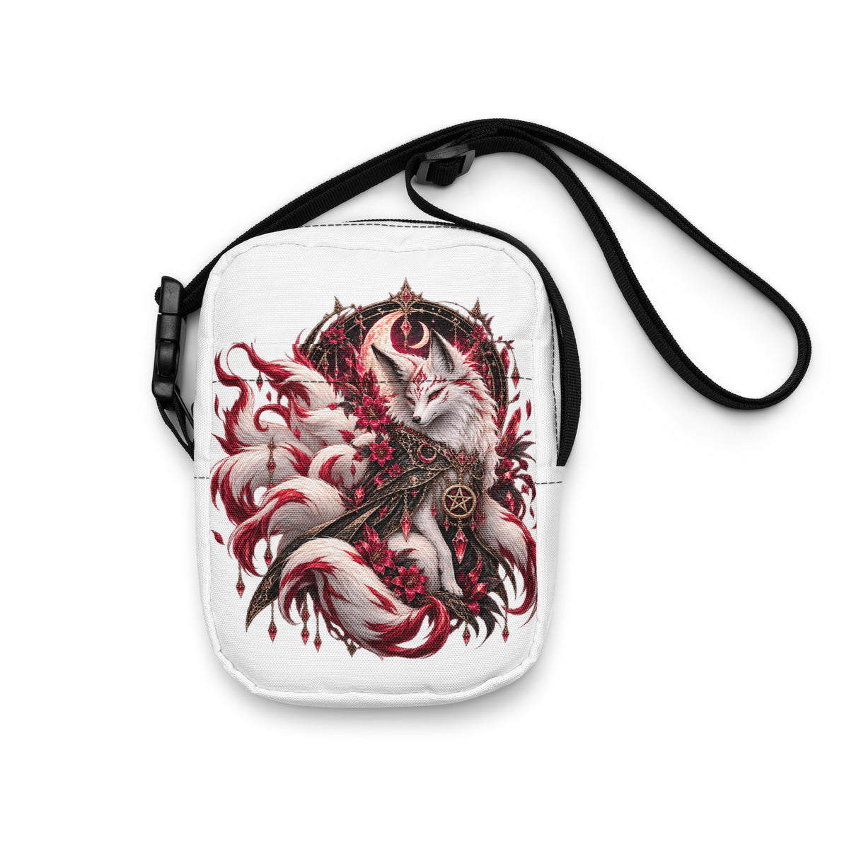 Weiße Kitsune im Mondschein Crossbody Bag – Vorderansicht