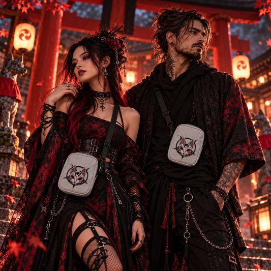 Gothic-Frau und Mann mit kleinen grauen Kitsune-Maske-Crossbody-Bags am japanischen Schrein