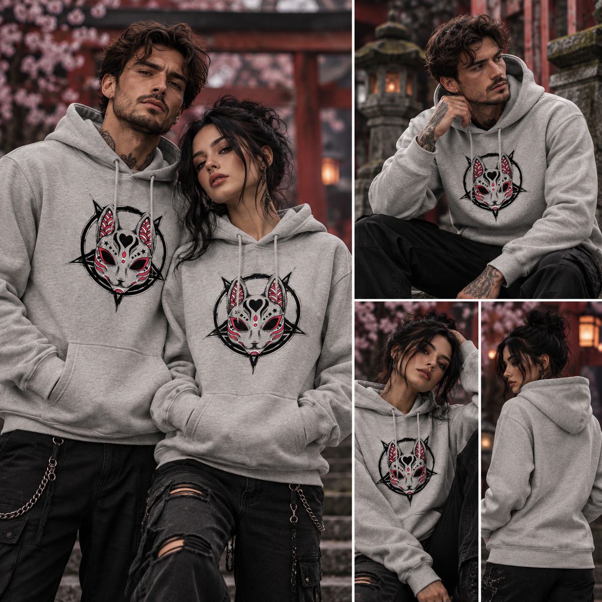 Kitsune-Maske Hoodie Grau – Tragebild mit Mann und Frau