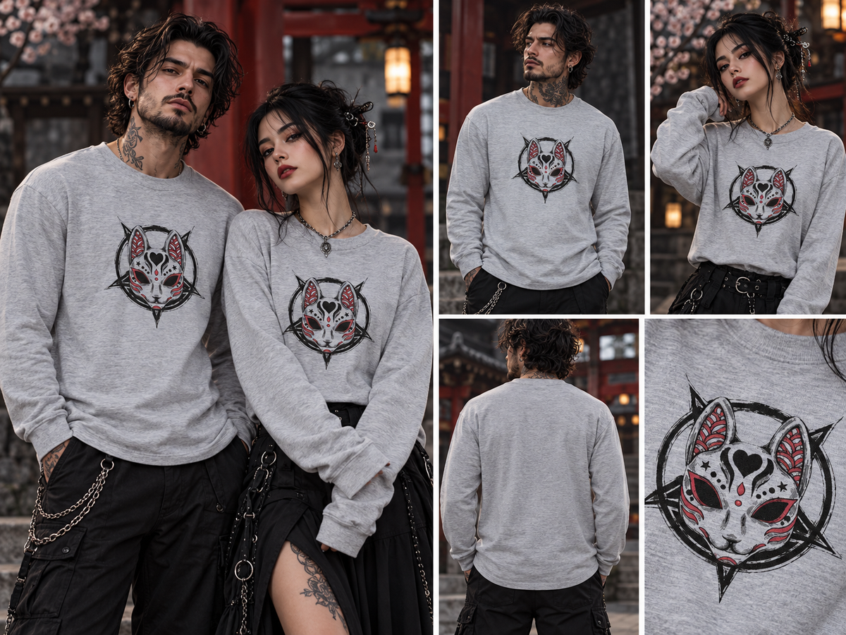 Kitsune-Maske Longsleeve Grau – Tragebild mit Mann und Frau
