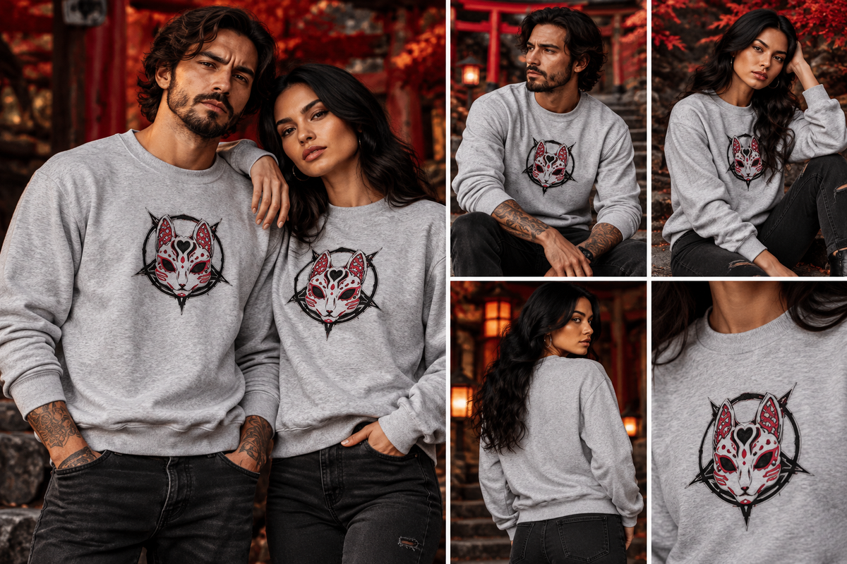 Kitsune-Maske Sweatshirt Grau – Tragebilder mit Mann und Frau
