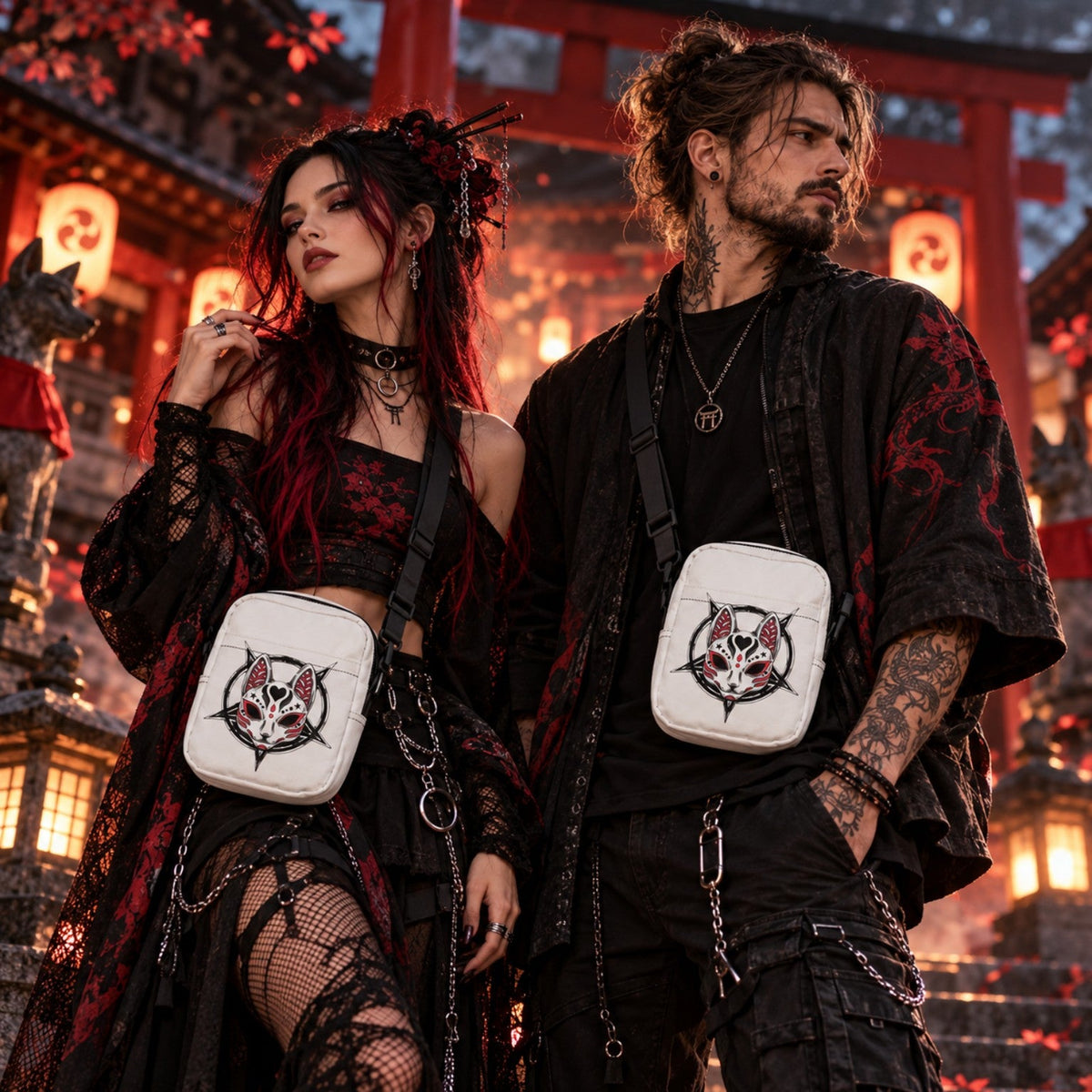 Frau und Mann am japanischen Schrein mit weißen Kitsune-Maske-Crossbody-Bags