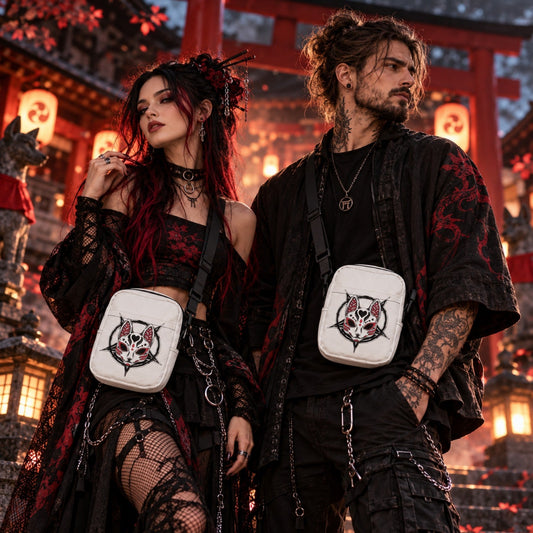 Frau und Mann am japanischen Schrein mit weißen Kitsune-Maske-Crossbody-Bags