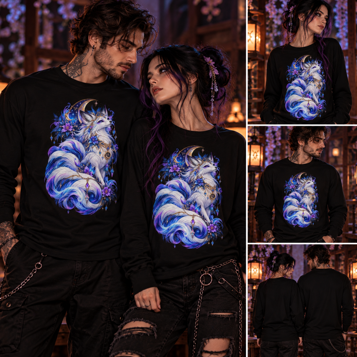 Mondfuchs Longsleeve in Schwarz – Tragebild mit Mann und Frau, Vorder- und Rückansicht