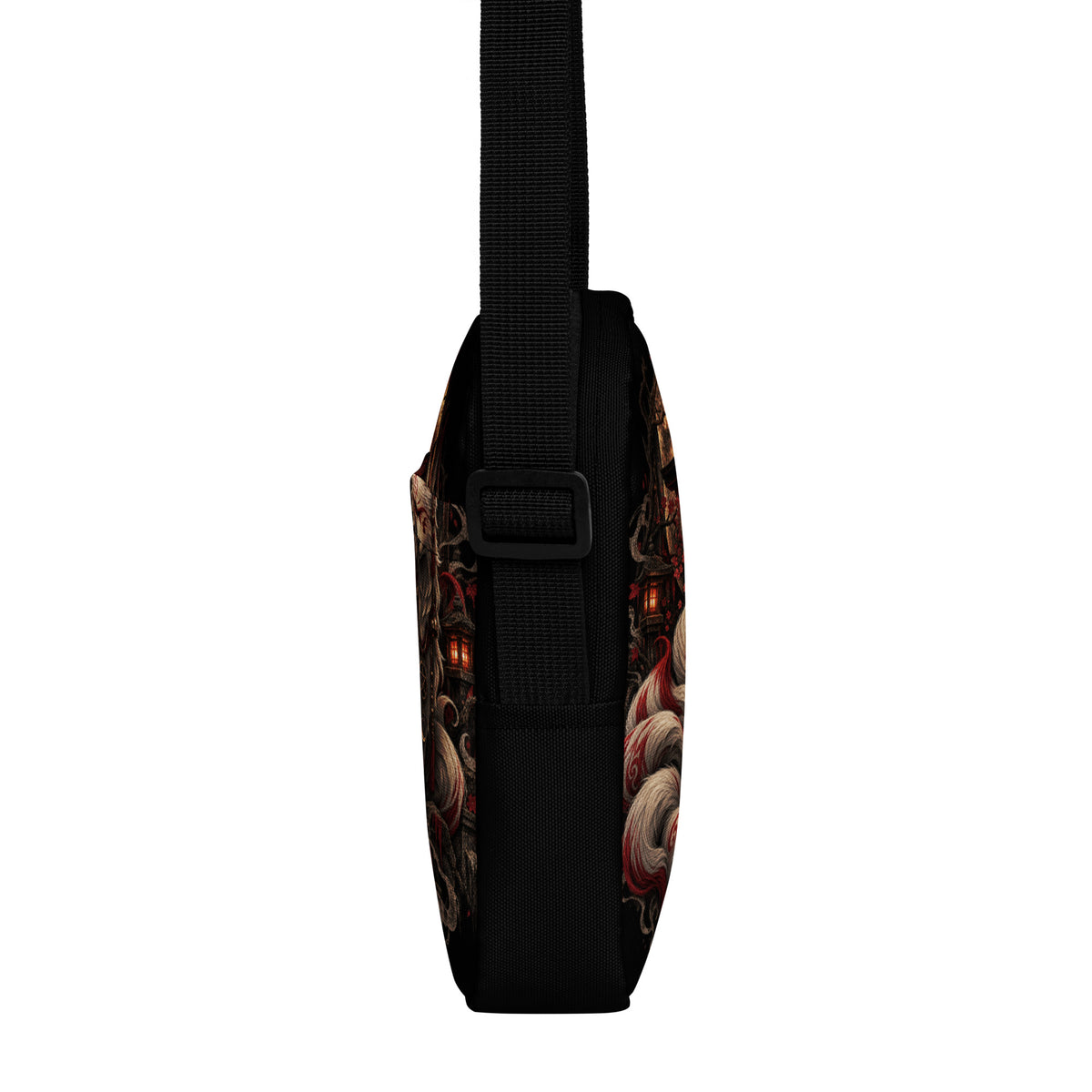 Schwarze Kitsune – Wächter des Mondtors Crossbody Bag – linke Seitenansicht