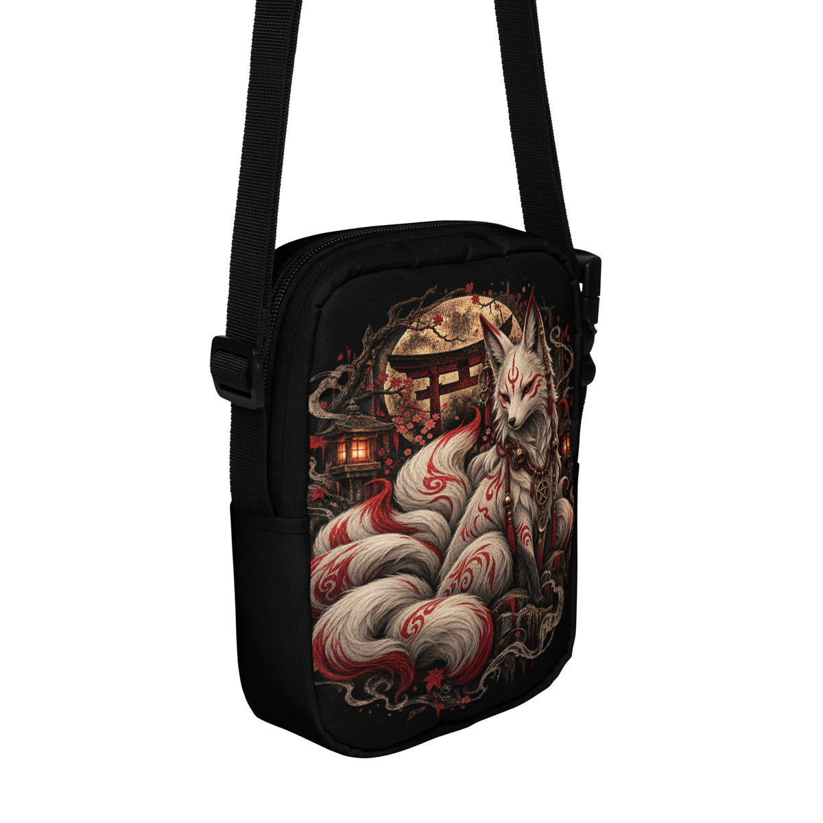 Schwarze Kitsune – Wächter des Mondtors Crossbody Bag – Rückansicht
