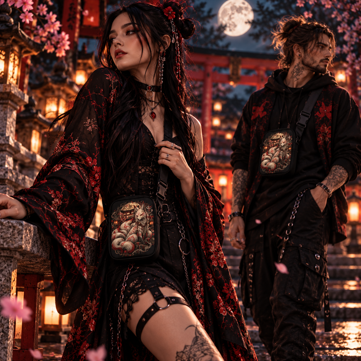 Schwarze Kitsune – Wächter des Mondtors Crossbody Bag – Tragebild