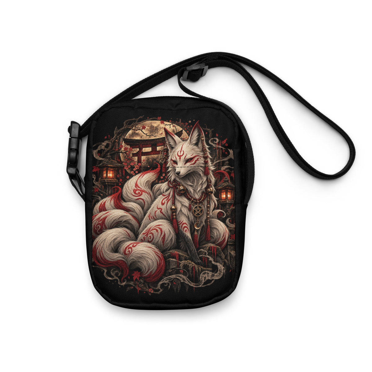Schwarze Kitsune – Wächter des Mondtors Crossbody Bag – Vorderansicht 2