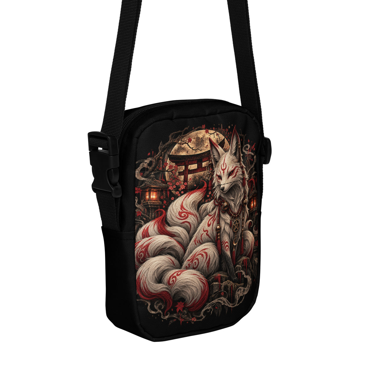 Schwarze Kitsune – Wächter des Mondtors Crossbody Bag – Vorderansicht